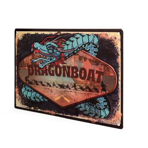 Dragon Boat Embossed Tin Sign with Blue Dragon