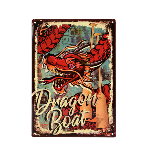 Dragon Boat Embossed Tin Sign with Red Dragon