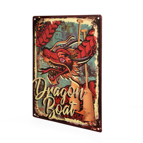 Dragon Boat Embossed Tin Sign with Red Dragon